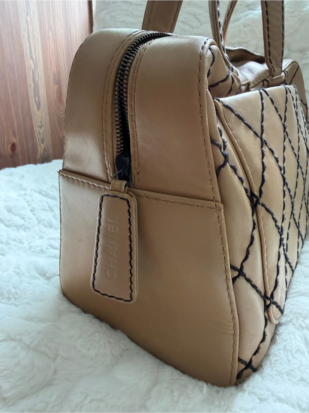 Vintage CHANEL Surpique Tan Wild Stitch Quilted Calfskin Bowler Bag from Paris - Picture 6 of 12